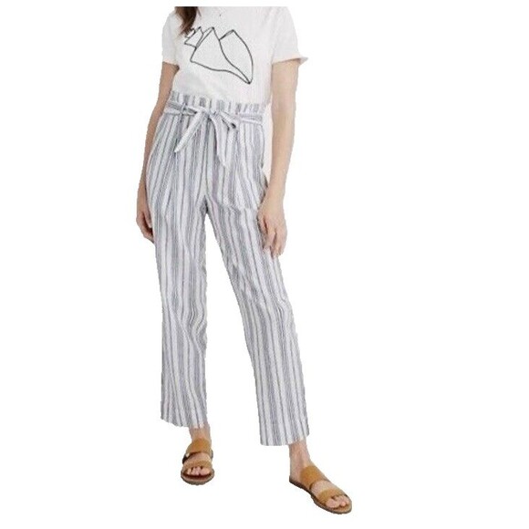 Madewell Women's 4 Linen-Cotton Paperbag Pants Dark Baltic Stripe - Picture 2 of 11